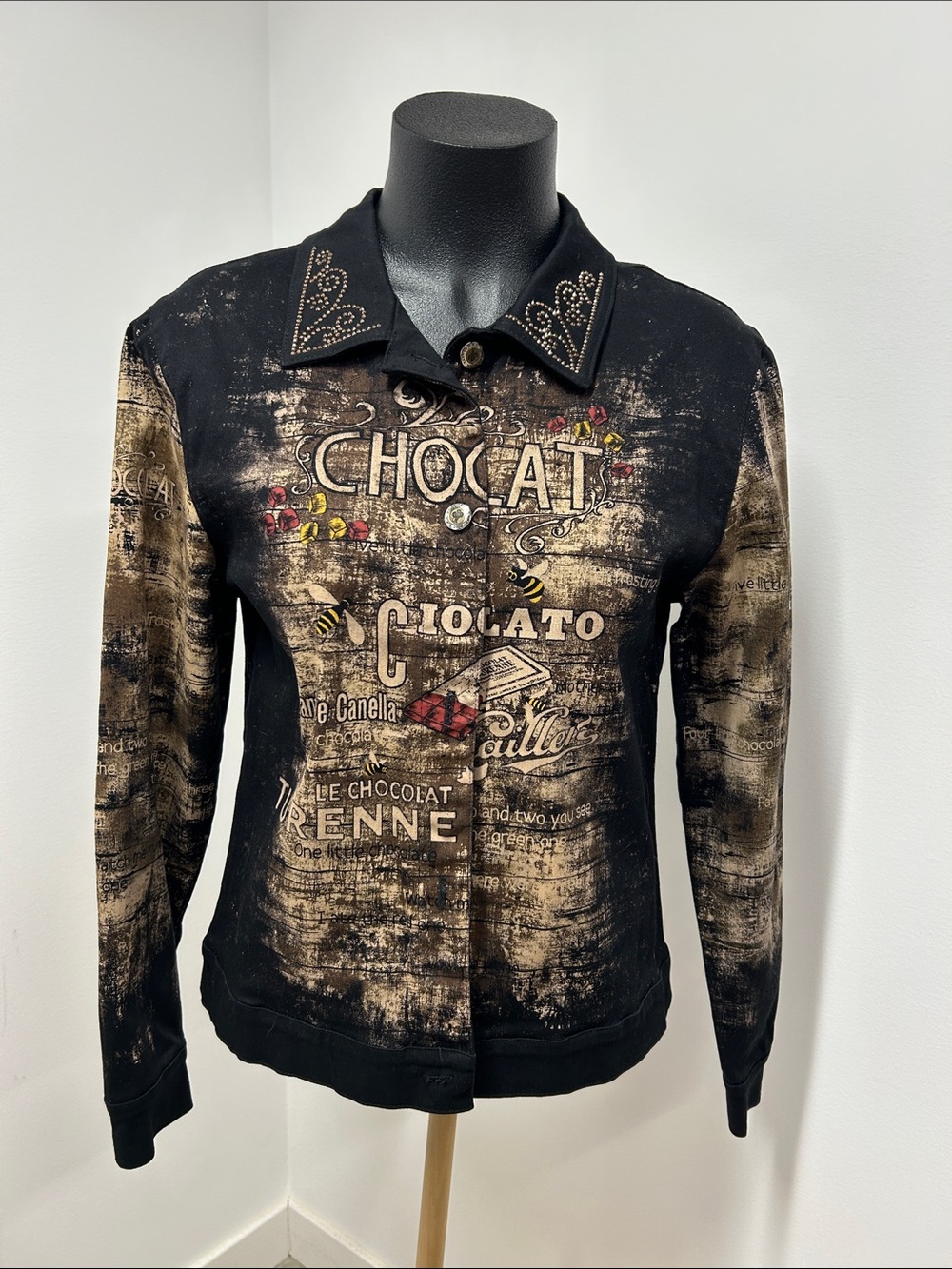 Vintage Cactus French Chocolat Graphic Print Jacket Rhinestone Collar M
